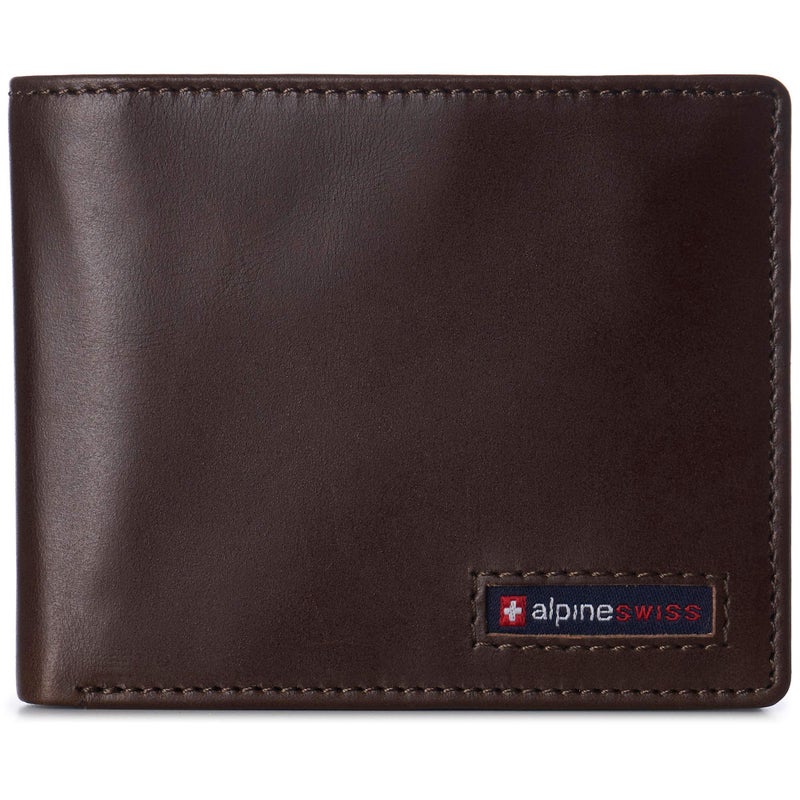 Alpine Swiss Wallet for Men Nolan Commuter Bifold Dual ID Windows for License Work Badge RFID Protection Divided Bill Section Gift Boxed Glossy Nappa Brown - Image 1